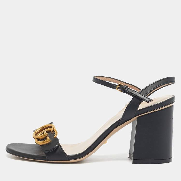 Pre Owned Gucci Black Leather GG Marmont Ankle Strap Sandals Size 37