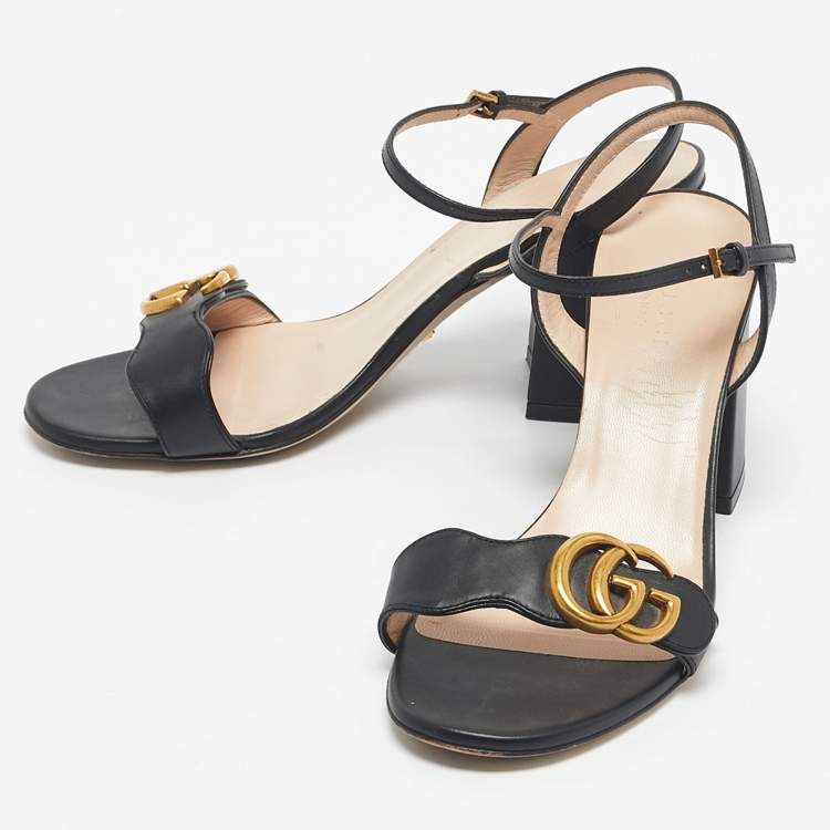 Pre Owned Gucci Black Leather GG Marmont Ankle Strap Sandals Size 37