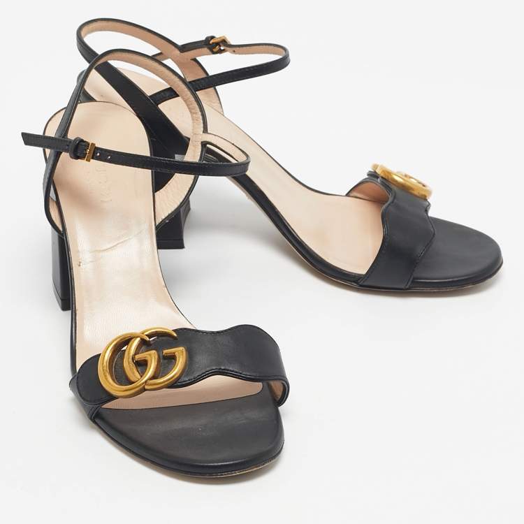 Pre Owned Gucci Black Leather GG Marmont Ankle Strap Sandals Size 37