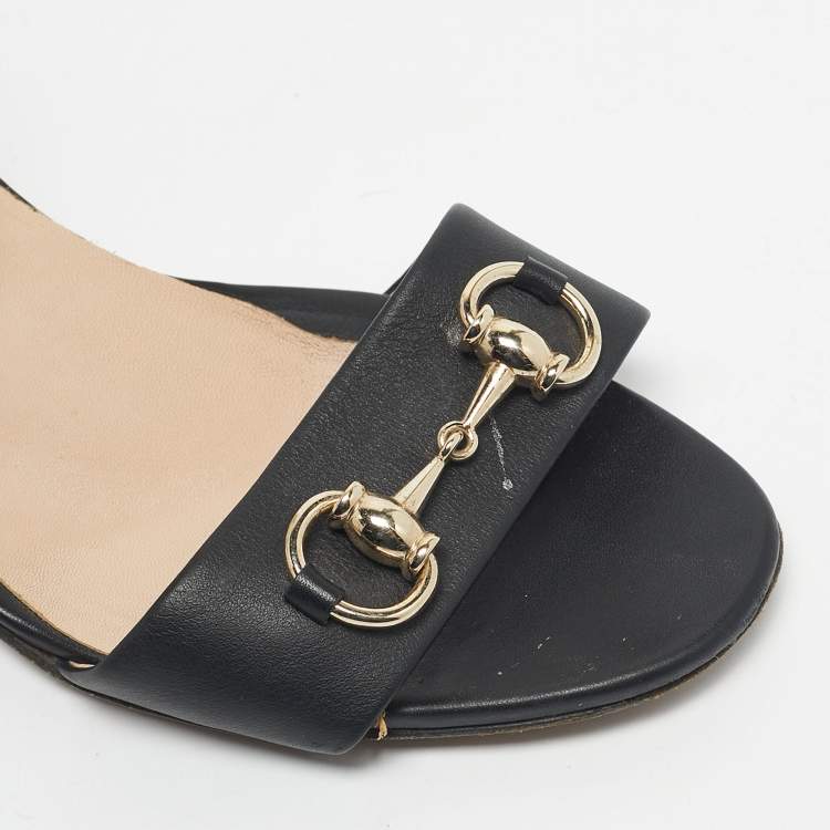 Pre Owned Gucci Black Leather Horsebit Ankle Strap Open Toe Block Heel Sandals Size 41