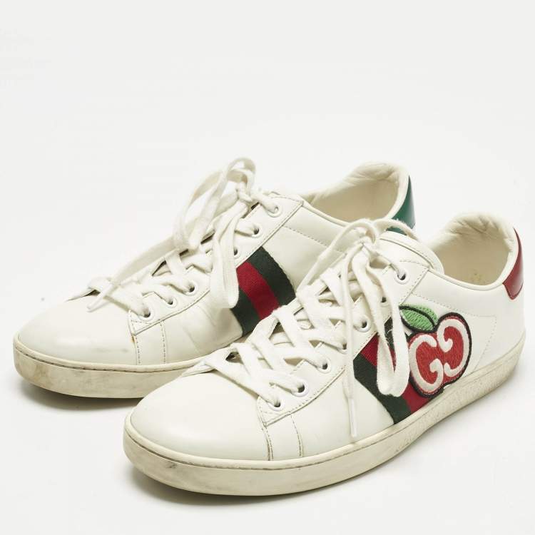 Pre Owned Gucci White Leather GG Apple Applique Ace Sneakers Size 39.5