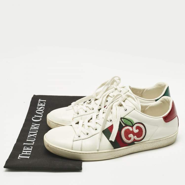 Pre Owned Gucci White Leather GG Apple Applique Ace Sneakers Size 39.5
