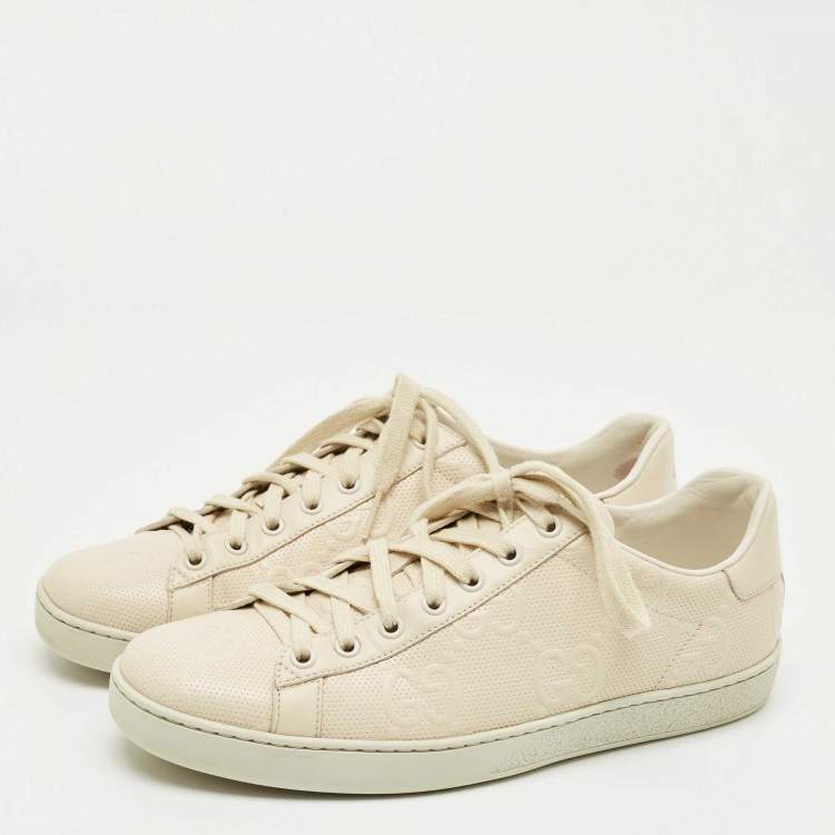 Pre Owned Gucci Cream Perforated Leather Interlocking G Ace Sneakers Size 39.5