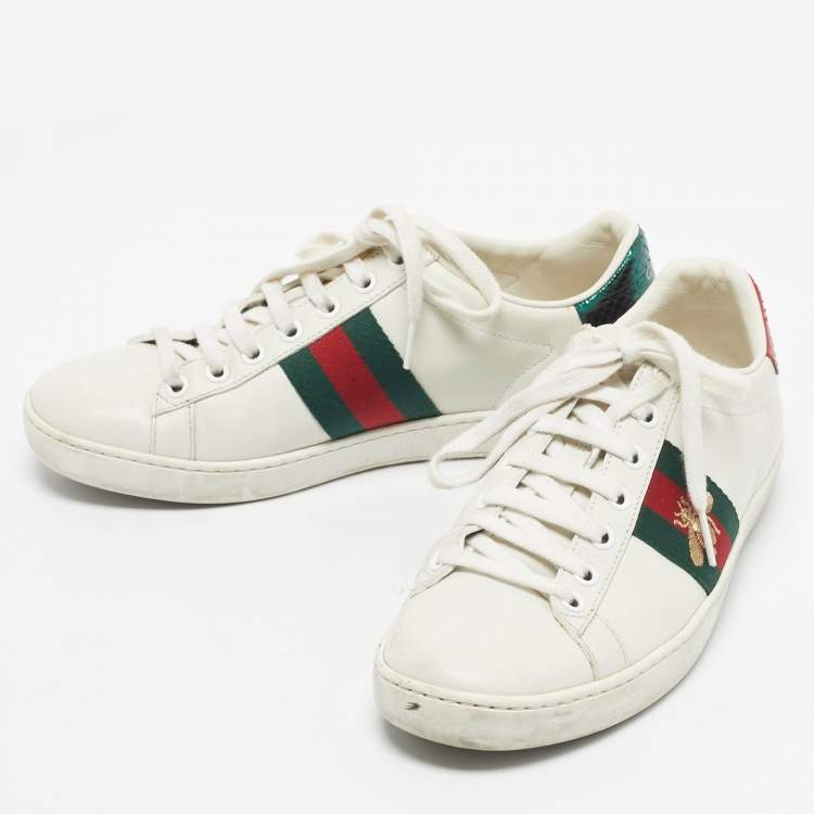 Pre Owned Gucci White Leather and Snakeskin Embossed Ace Lace Up Sneakers Size 35.5