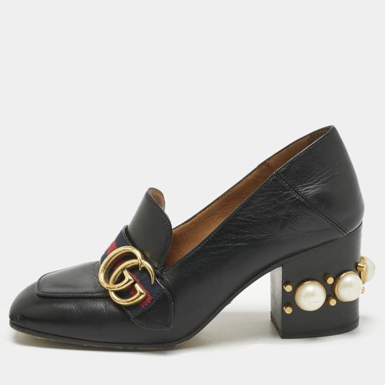 Pre Owned Gucci Black Leather Web Pearl Embellished Peyton Loafer Pumps Size 35.5
