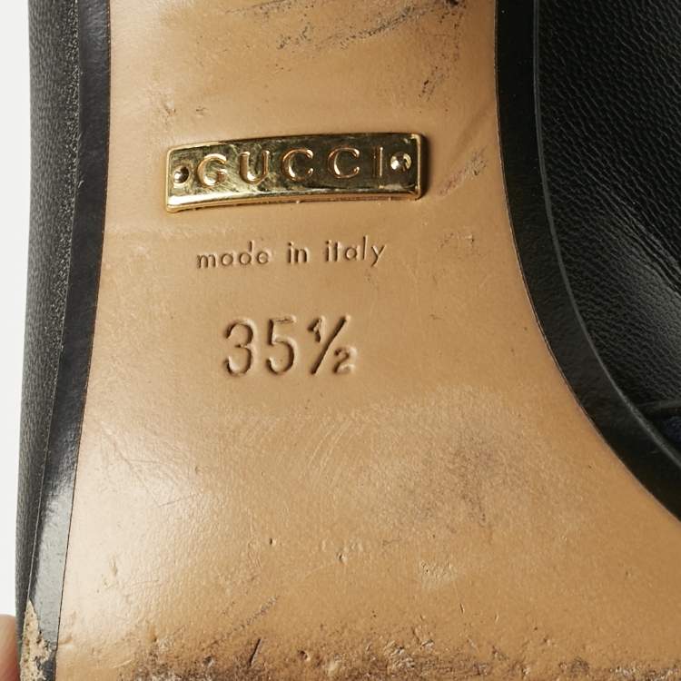 Pre Owned Gucci Black Leather Web Pearl Embellished Peyton Loafer Pumps Size 35.5