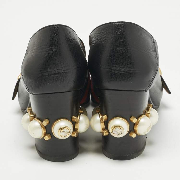 Pre Owned Gucci Black Leather Web Pearl Embellished Peyton Loafer Pumps Size 35.5