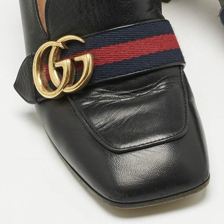 Pre Owned Gucci Black Leather Web Pearl Embellished Peyton Loafer Pumps Size 35.5