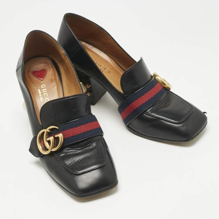 Pre Owned Gucci Black Leather Web Pearl Embellished Peyton Loafer Pumps Size 35.5