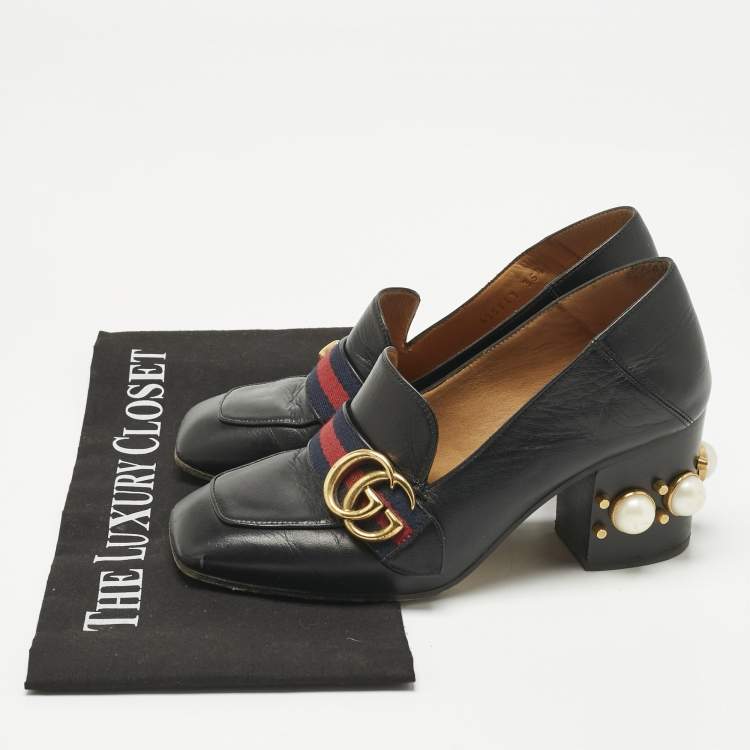Pre Owned Gucci Black Leather Web Pearl Embellished Peyton Loafer Pumps Size 35.5