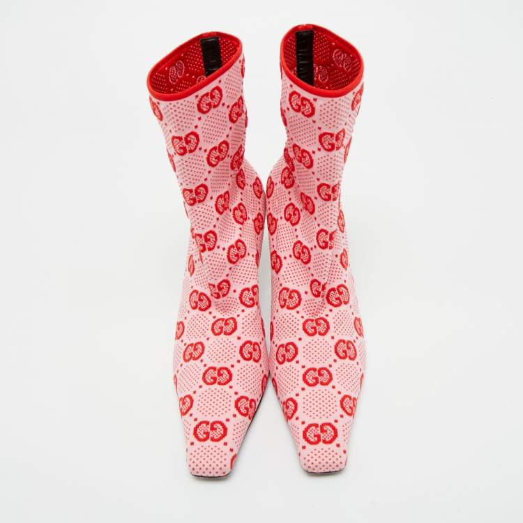 Pre Owned Gucci Pink/Red GG Stretch Fabric Mid Calf Boots Size 36