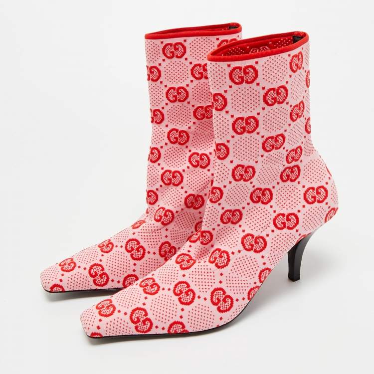 Pre Owned Gucci Pink/Red GG Stretch Fabric Mid Calf Boots Size 36