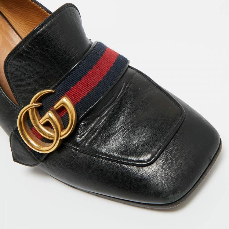 Pre Owned Gucci Black Leather Web GG Marmont Faux Pearl Embellished Loafer Pumps Size 37