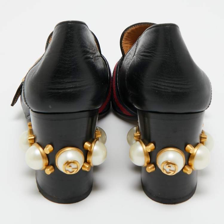 Pre Owned Gucci Black Leather Web GG Marmont Faux Pearl Embellished Loafer Pumps Size 37