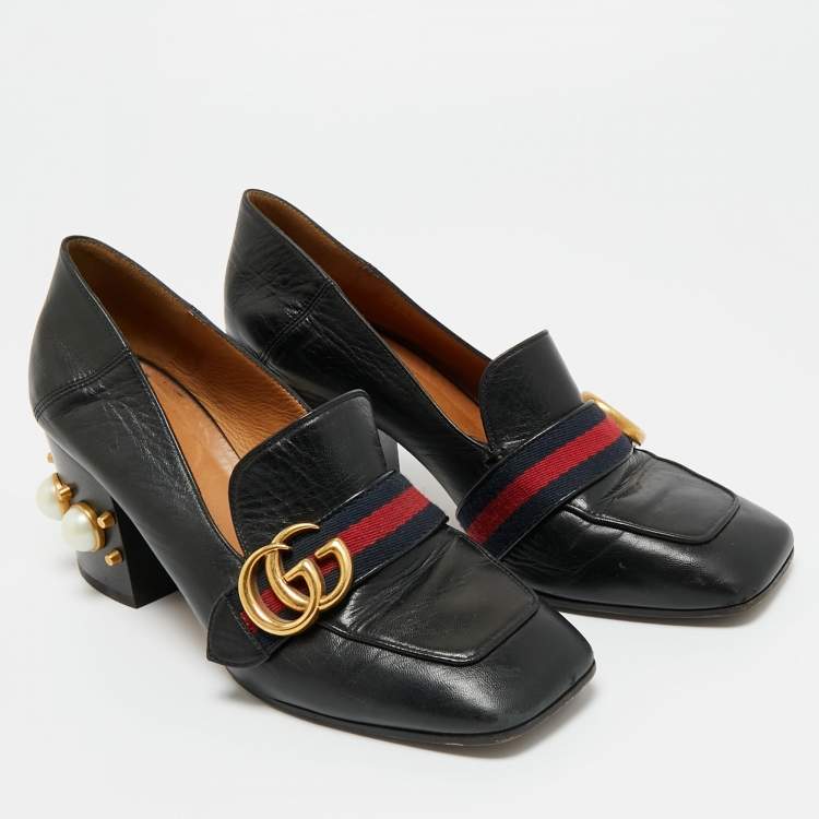 Pre Owned Gucci Black Leather Web GG Marmont Faux Pearl Embellished Loafer Pumps Size 37