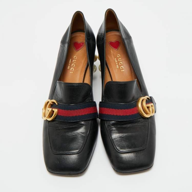 Pre Owned Gucci Black Leather Web GG Marmont Faux Pearl Embellished Loafer Pumps Size 37