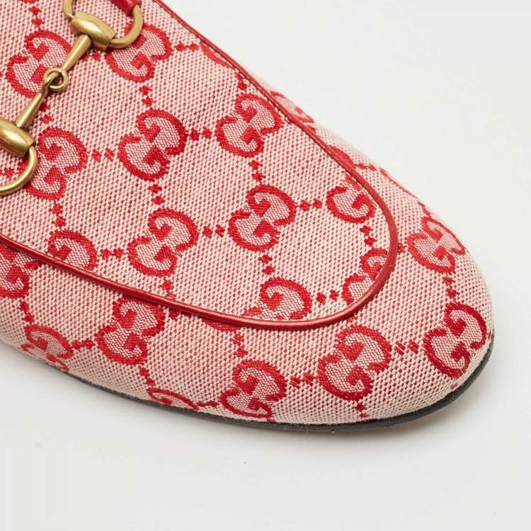 Pre Owned Gucci Red GG Supreme Canvas Princetown Flat Mules Size 37