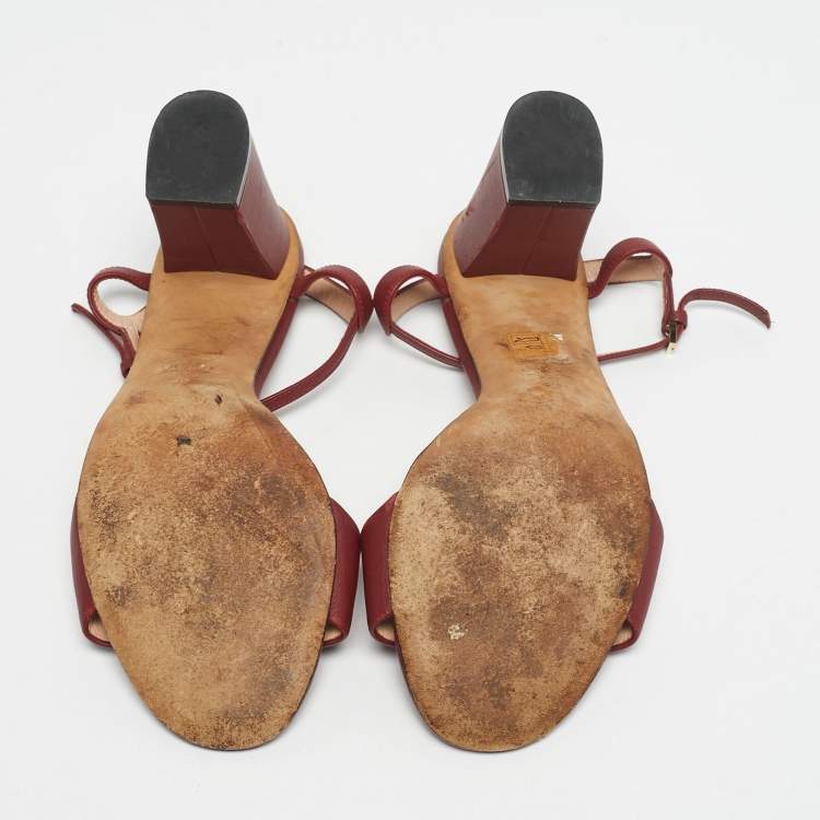 Pre Owned Gucci Burgundy Leather Horsebit Ankle Strap Block Heel Sandals Size 39