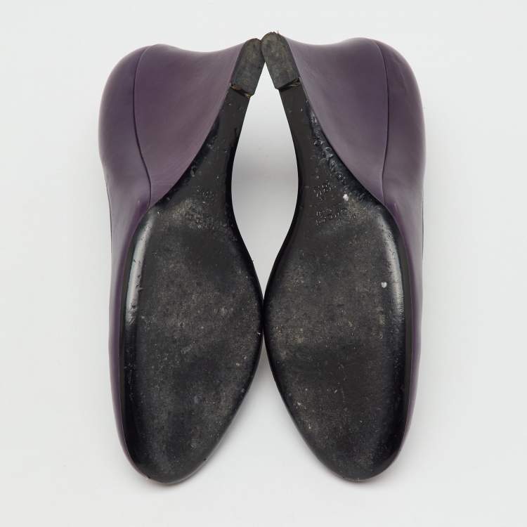 Pre Owned Gucci Purple Leather Wedge Round Toe Pumps Size 38.5