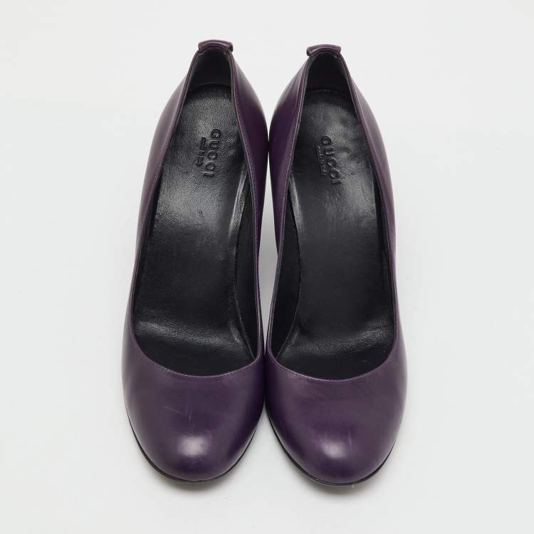 Pre Owned Gucci Purple Leather Wedge Round Toe Pumps Size 38.5