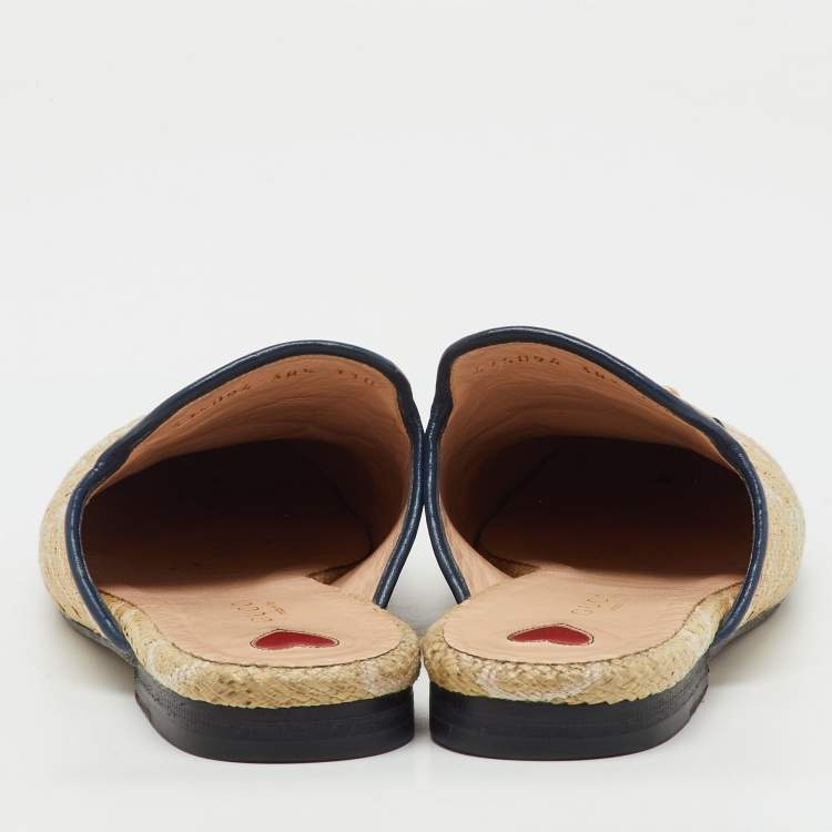 Pre Owned Gucci Beige/Blue GG Raffia and Leather Princetown Horsebit Flat Mules Size 38.5