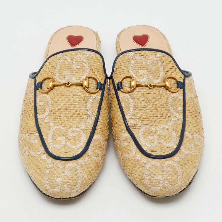 Pre Owned Gucci Beige/Blue GG Raffia and Leather Princetown Horsebit Flat Mules Size 38.5