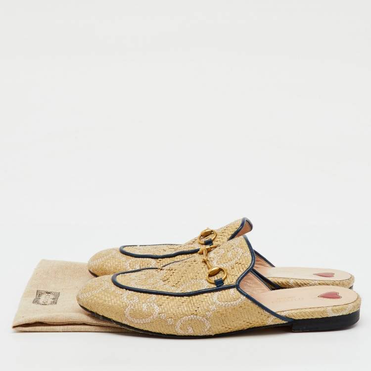Pre Owned Gucci Beige/Blue GG Raffia and Leather Princetown Horsebit Flat Mules Size 38.5