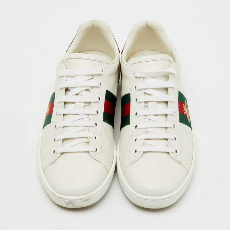 Pre Owned Gucci White Leather Embroidered Bee Ace Low Top Sneakers Size 38