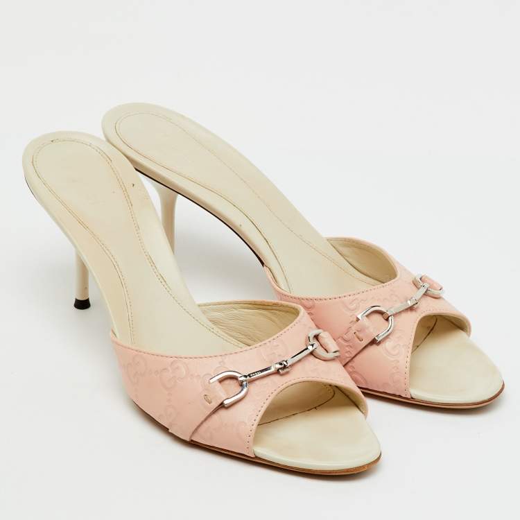 Pre Owned Gucci Pink/Cream Guccissima Leather Horsebit Slide Sandals Size 41
