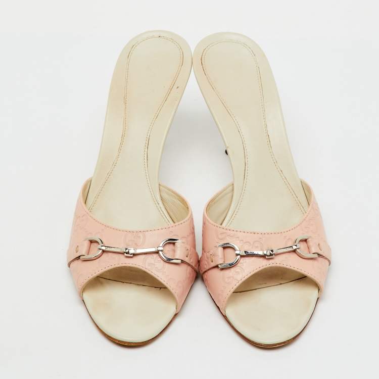 Pre Owned Gucci Pink/Cream Guccissima Leather Horsebit Slide Sandals Size 41