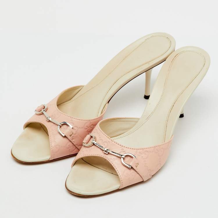 Pre Owned Gucci Pink/Cream Guccissima Leather Horsebit Slide Sandals Size 41