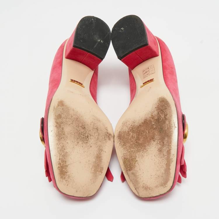 Pre Owned Gucci Light Pink Suede GG Marmont Fringe Block Heel Pumps Size 39