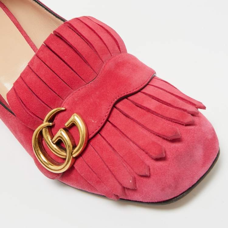 Pre Owned Gucci Light Pink Suede GG Marmont Fringe Block Heel Pumps Size 39