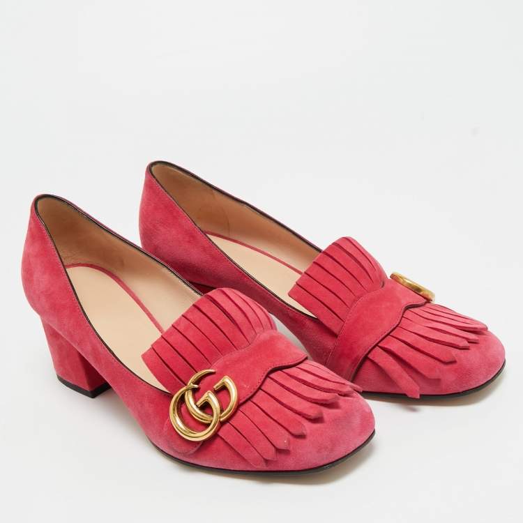 Pre Owned Gucci Light Pink Suede GG Marmont Fringe Block Heel Pumps Size 39