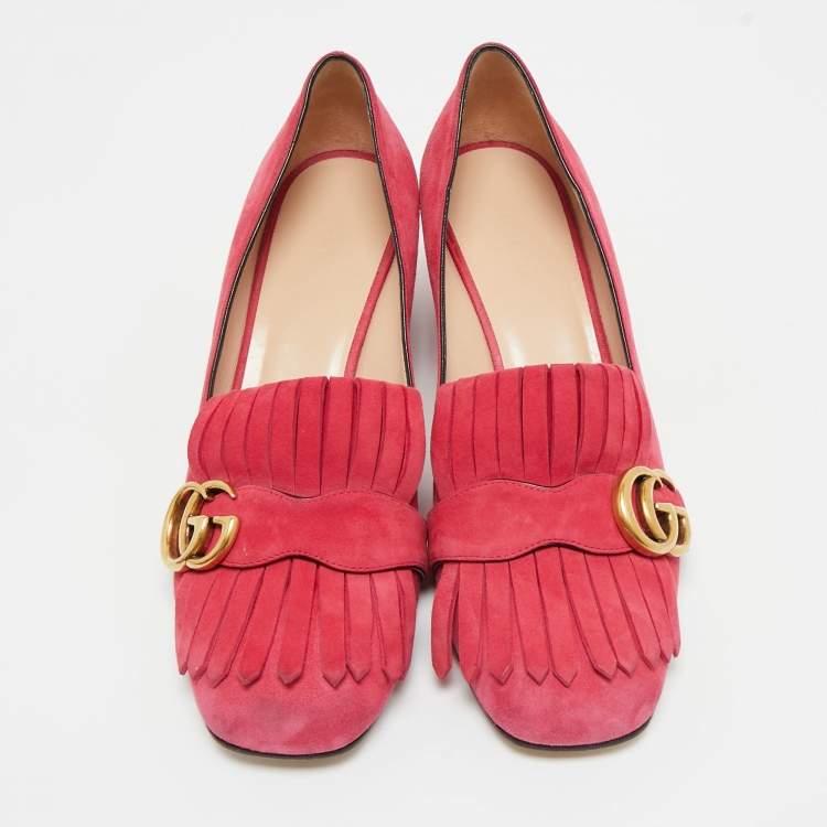 Pre Owned Gucci Light Pink Suede GG Marmont Fringe Block Heel Pumps Size 39