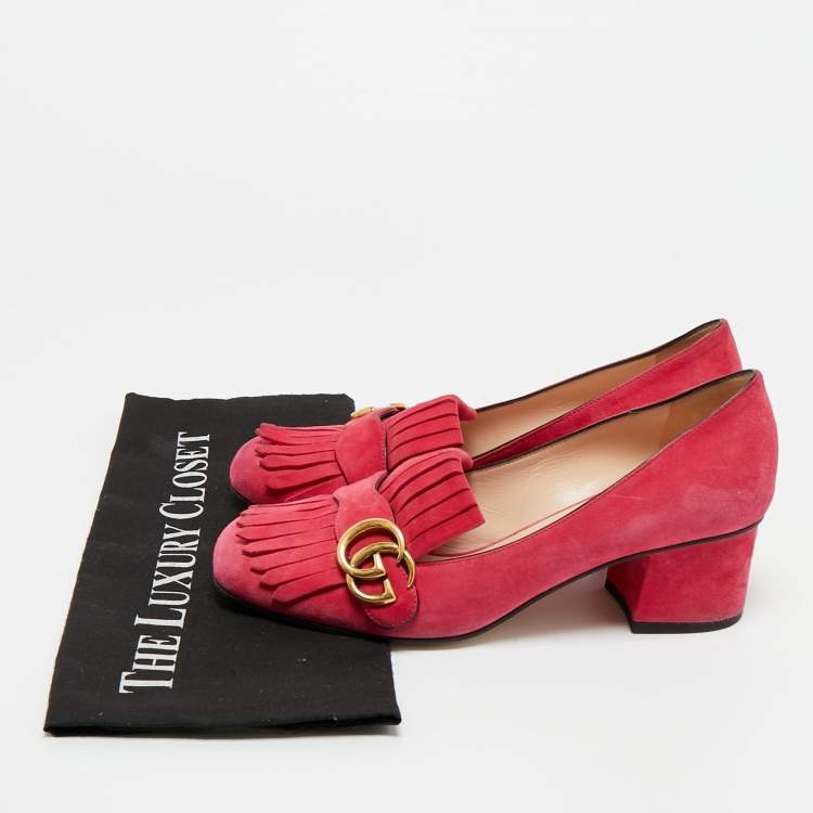 Pre Owned Gucci Light Pink Suede GG Marmont Fringe Block Heel Pumps Size 39