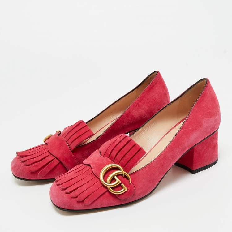 Pre Owned Gucci Light Pink Suede GG Marmont Fringe Block Heel Pumps Size 39