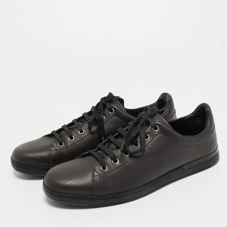 Pre Owned Gucci Dark Brown Leather Interlocking G Low Top Sneakers Size 39