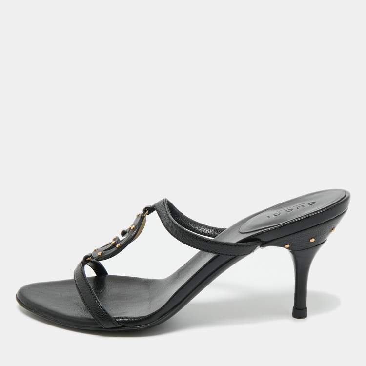 Pre Owned Gucci Black Leather GG Interlocking Slide Sandals Size 35.5