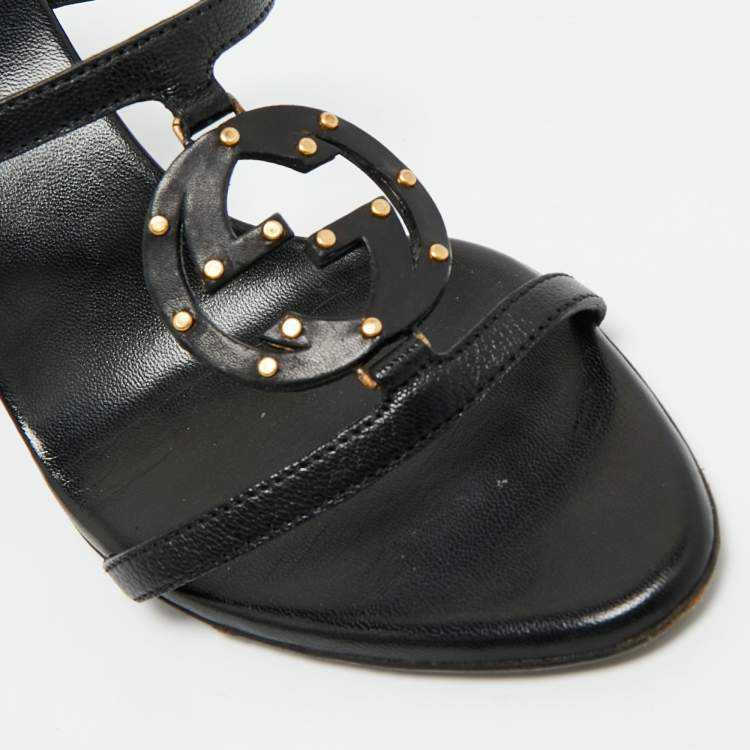 Pre Owned Gucci Black Leather GG Interlocking Slide Sandals Size 35.5
