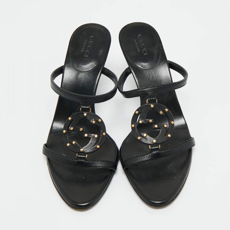 Pre Owned Gucci Black Leather GG Interlocking Slide Sandals Size 35.5