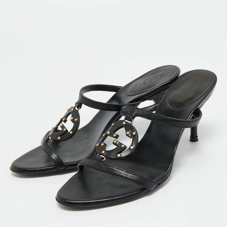 Pre Owned Gucci Black Leather GG Interlocking Slide Sandals Size 35.5