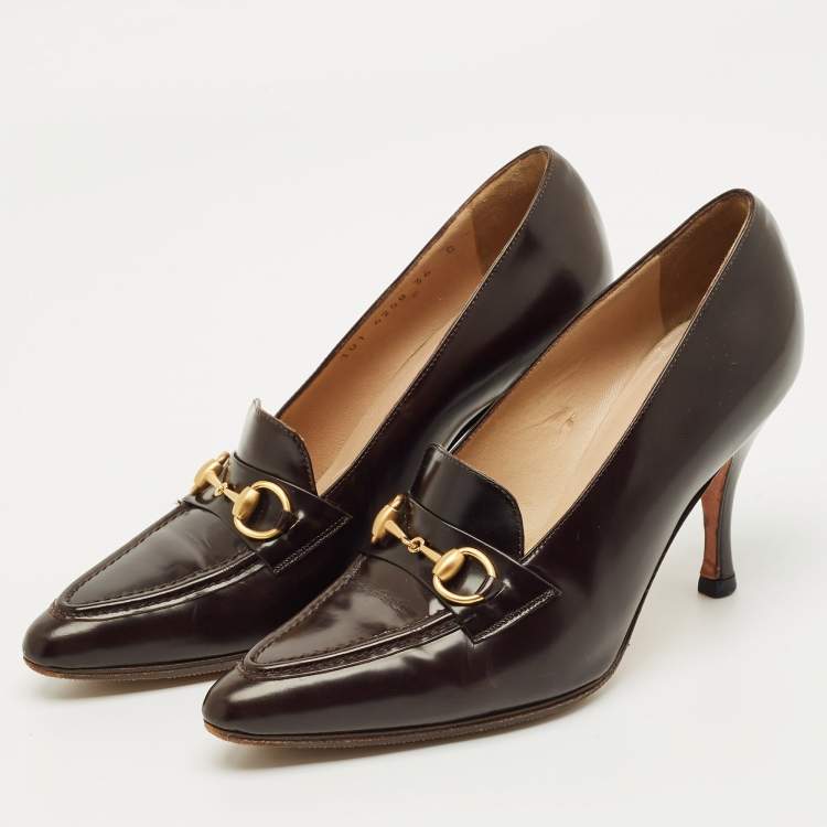 Pre Owned Gucci Dark Brown Leather Horsebit Pointed Toe Loafer Pumps Size 36