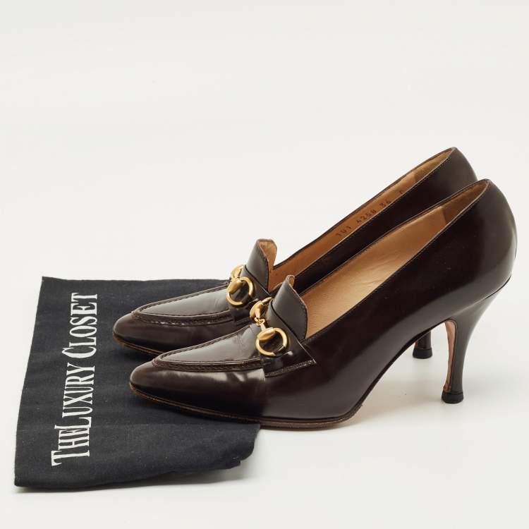 Pre Owned Gucci Dark Brown Leather Horsebit Pointed Toe Loafer Pumps Size 36