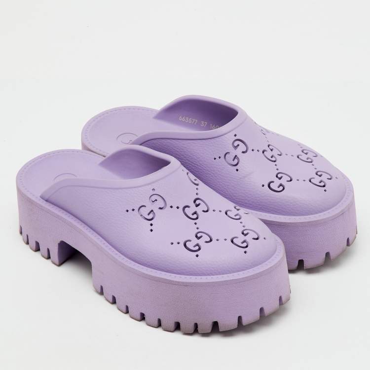 Pre Owned Gucci Purple Rubber GG Perforated Platform Mules Size 37