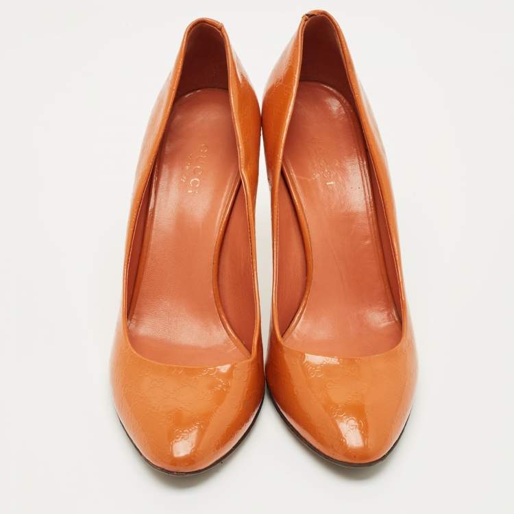 Pre Owned Gucci Orange Leather Guccissima Round Toe Pumps Size 37.5