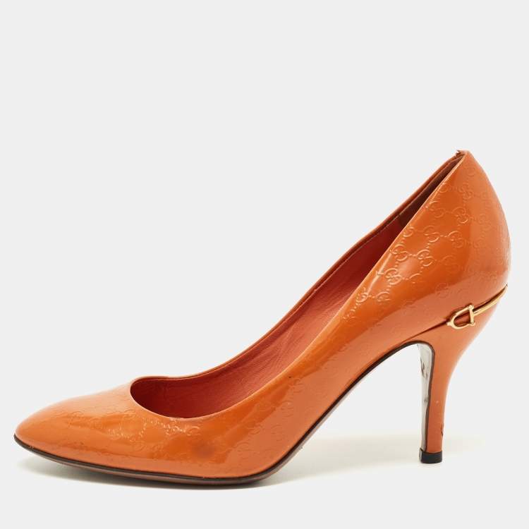 Pre Owned Gucci Orange Leather Guccissima Round Toe Pumps Size 37.5