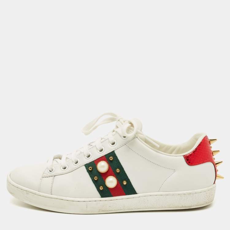 Pre Owned Gucci White Leather and Python Embossed Pearl Studded Ace Sneakers Size 38
