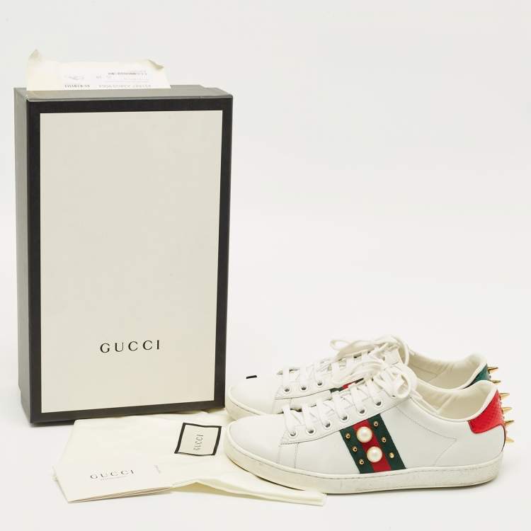 Pre Owned Gucci White Leather and Python Embossed Pearl Studded Ace Sneakers Size 38