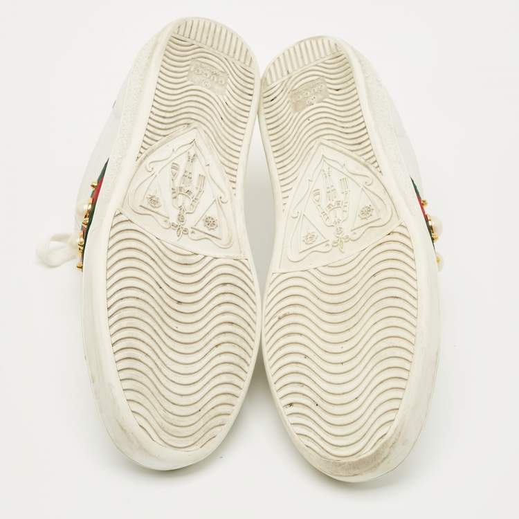 Pre Owned Gucci White Leather and Python Embossed Pearl Studded Ace Sneakers Size 38